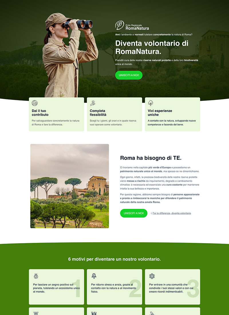 Screenshot del sito dei volontari di Roma Natura che mostra immagini di una persona che guarda con il binoccolo